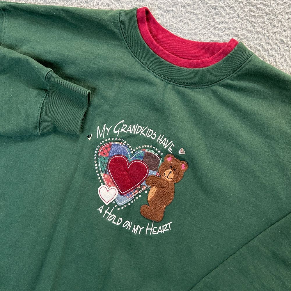 Vintage M&C Sportswear Sweatshirt Womens M Green Grandkids Teddy Bear Crewneck